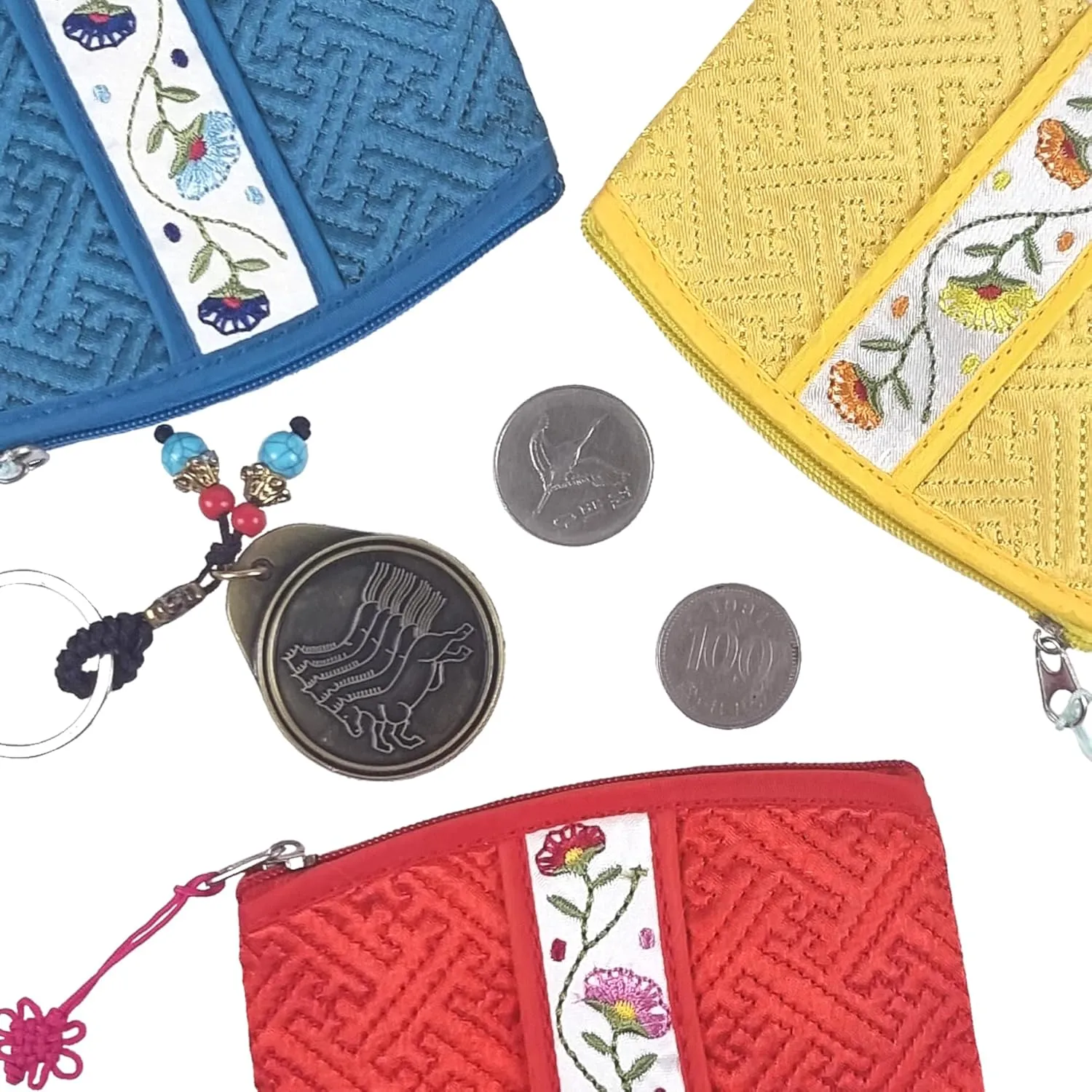Seoulful Vintage Korean Embroidered Card Pouch - Wildflower Design Coin Purse with Butterfly Charm (Blue)