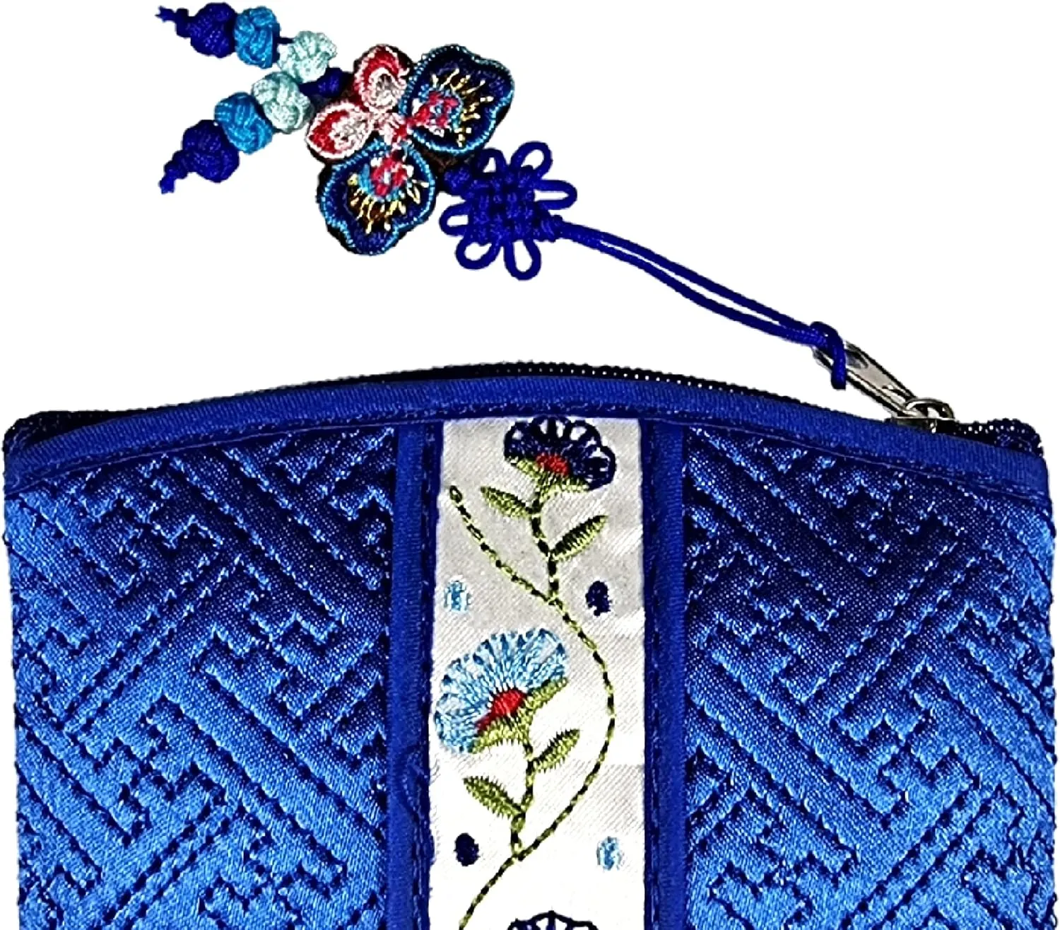 Seoulful Vintage Korean Embroidered Card Pouch - Wildflower Design Coin Purse with Butterfly Charm (Blue)