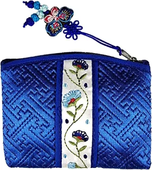 Seoulful Vintage Korean Embroidered Card Pouch - Wildflower Design Coin Purse with Butterfly Charm (Blue)