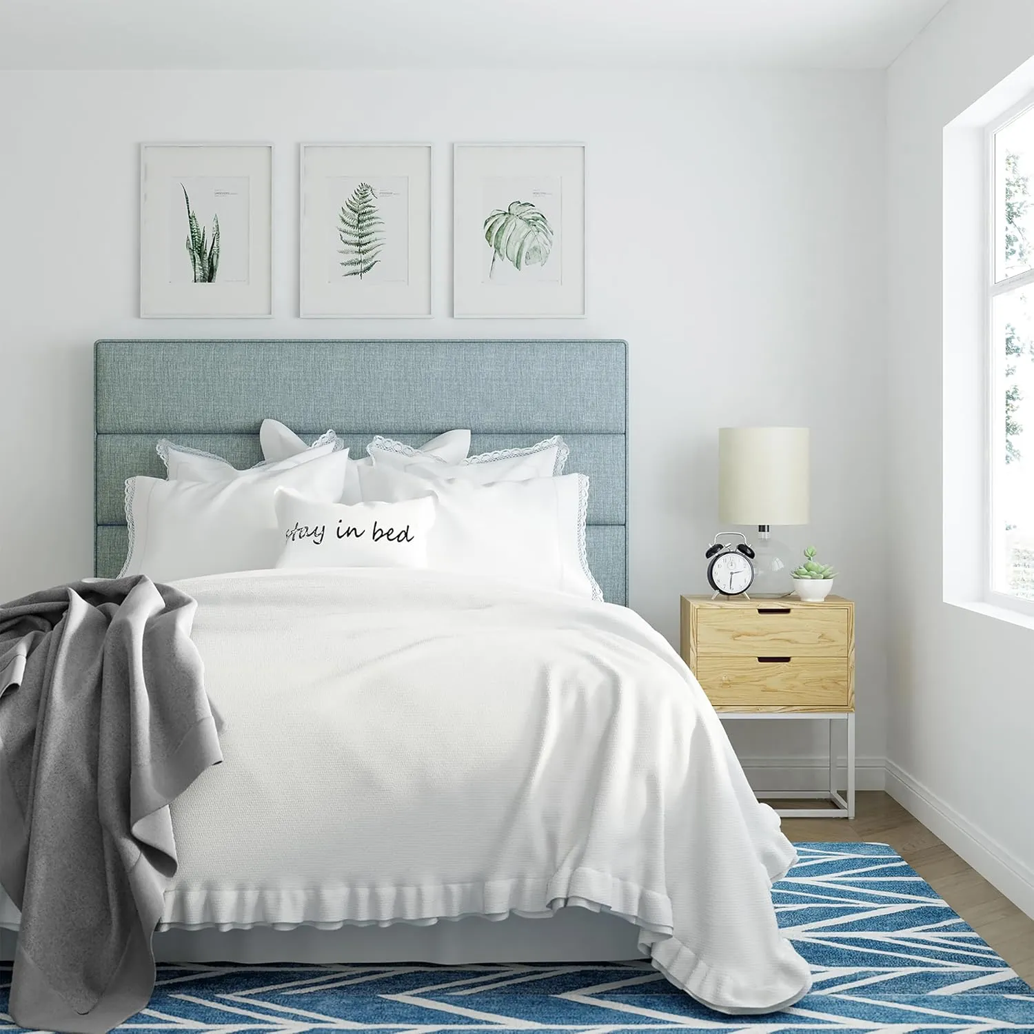 Serta Palisades Collection Upholstered Padded Headboard Modern Tufted Design, Soft Linen-Textured Fabric, Queen, Blue
