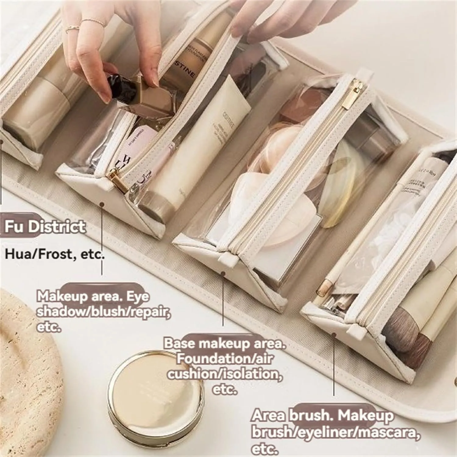 Set Patient Travel Makeup Bag, Multi Compartment Toiletry Cosmetic Bag, Portable Travel Toiletry Storage Handheld Large Capacity Cosmetics Makeup Brush Bag (White)