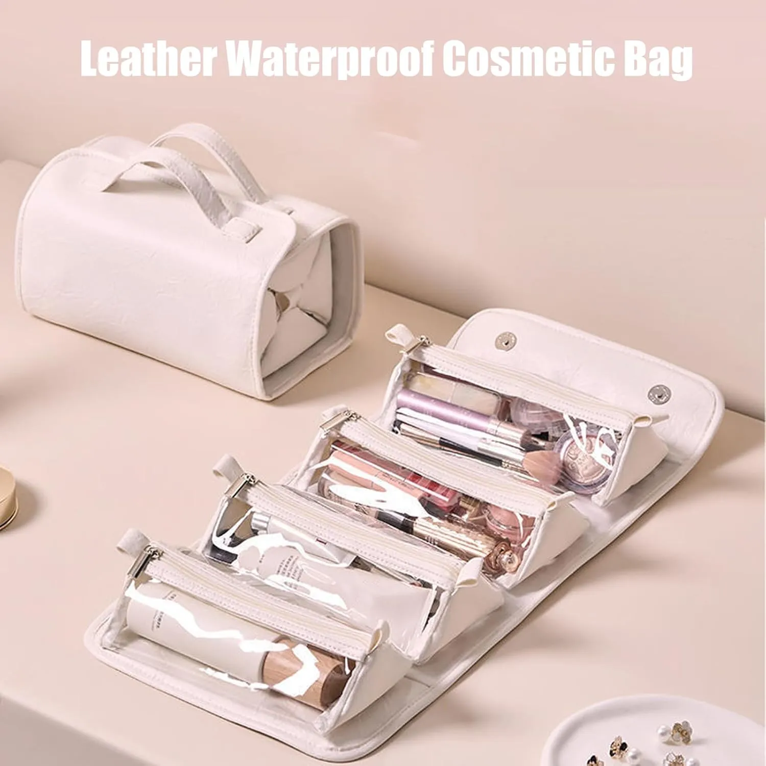 Set Patient Travel Makeup Bag, Multi Compartment Toiletry Cosmetic Bag, Portable Travel Toiletry Storage Handheld Large Capacity Cosmetics Makeup Brush Bag (White)