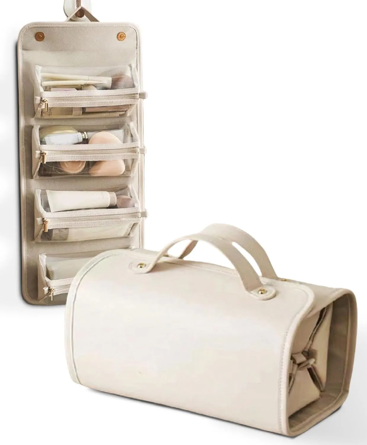 Set Patient Travel Makeup Bag, Multi Compartment Toiletry Cosmetic Bag, Portable Travel Toiletry Storage Handheld Large Capacity Cosmetics Makeup Brush Bag (White)