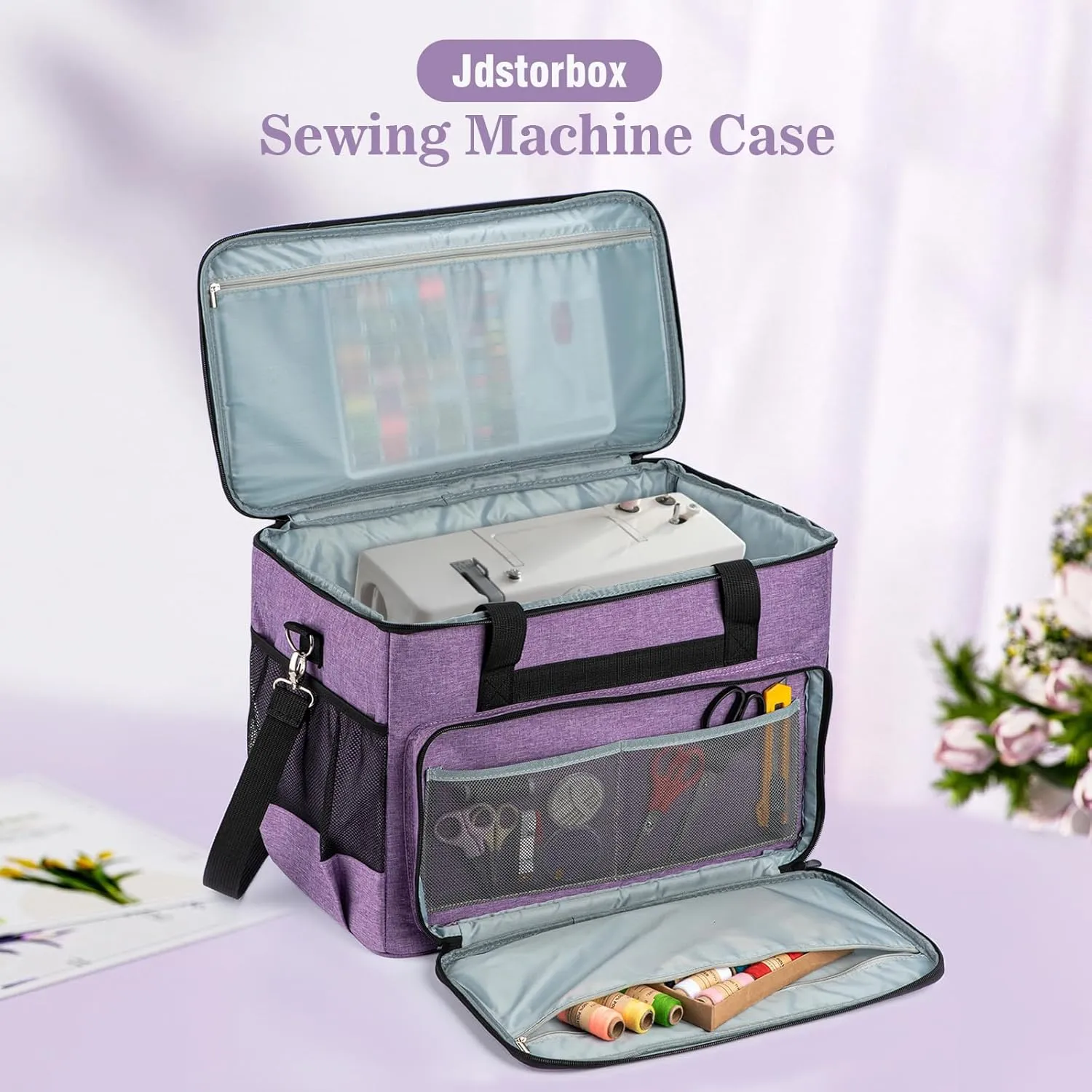 Sewing Machine Carrying Case,Sewing Accessories Organizer With Removable Padding,Tote Bag With Multiple Storage Pockets、Shoulder Strap,Craft Supplies Organizer,Travel Bag (Purple)