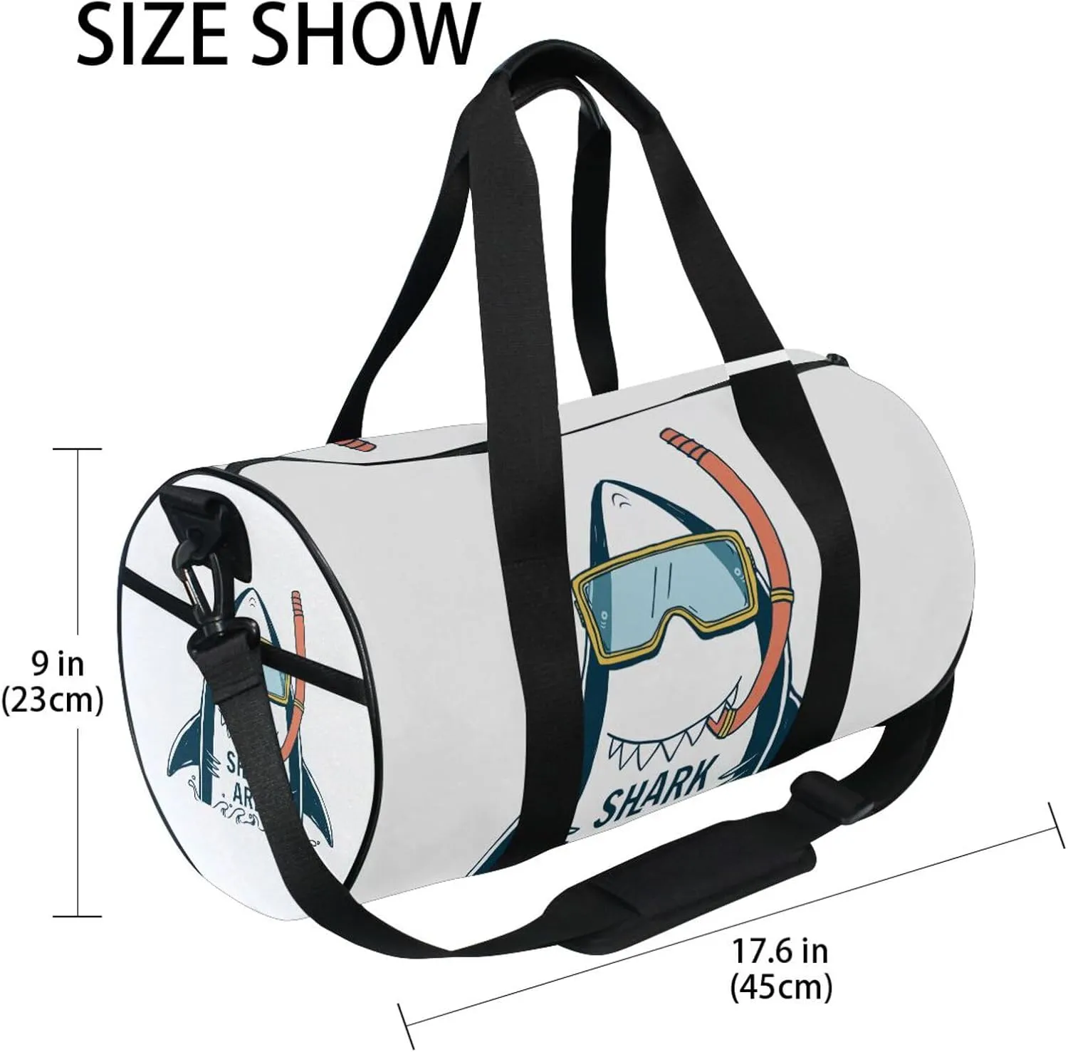 Shark Area with Turquoise Diving Sunglasses on White Portable Gym Bag, Travel Bag, Luggage bag, Sports Bag, Toiletry Bag with Handles, Detachable Shoulder Strap 17.6 x 9 x 9 inch