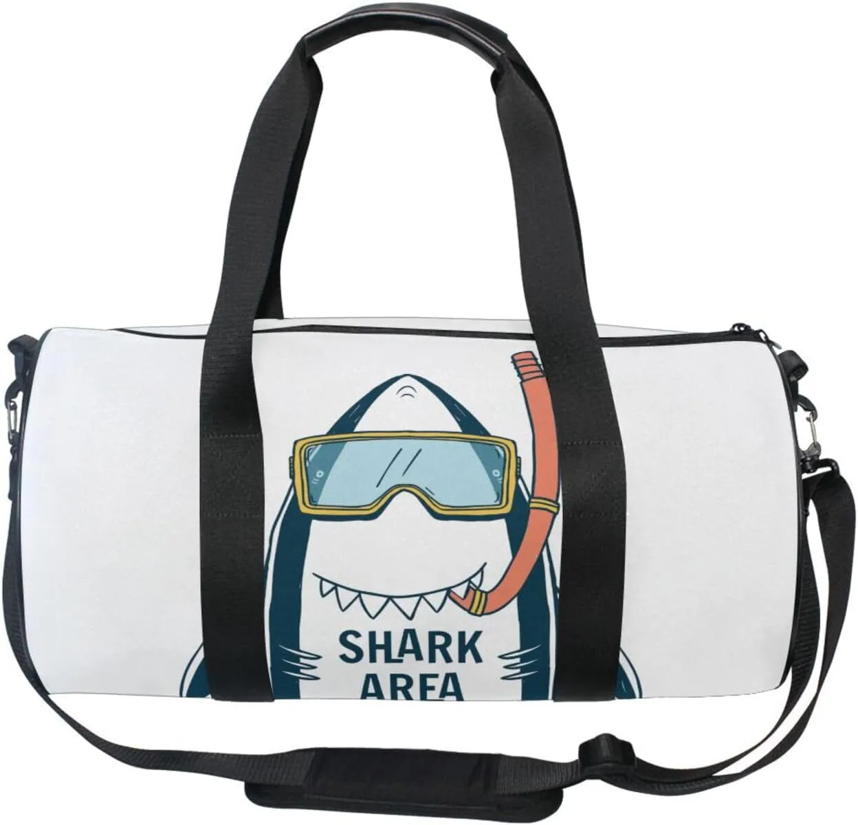 Shark Area with Turquoise Diving Sunglasses on White Portable Gym Bag, Travel Bag, Luggage bag, Sports Bag, Toiletry Bag with Handles, Detachable Shoulder Strap 17.6 x 9 x 9 inch