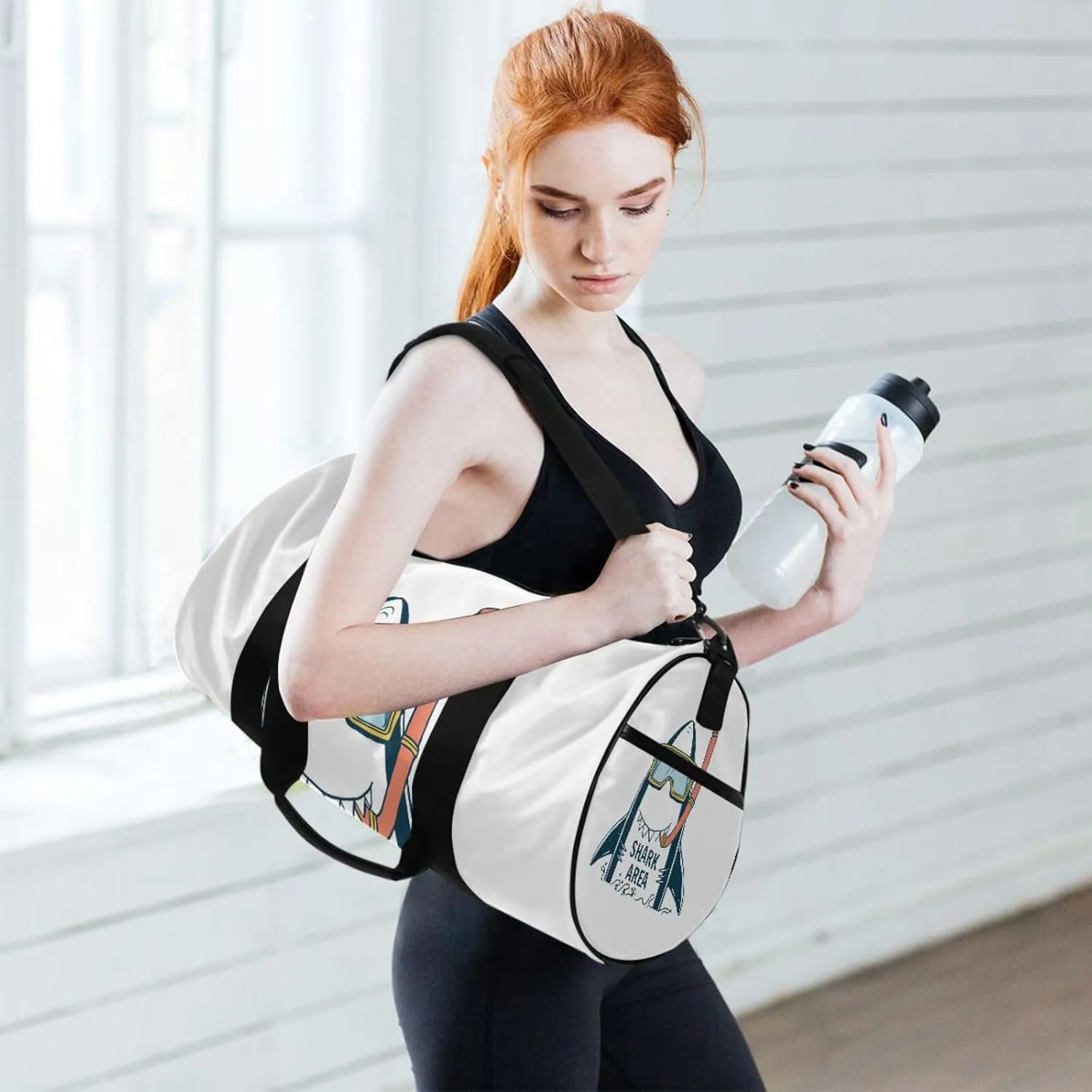 Shark Area with Turquoise Diving Sunglasses on White Portable Gym Bag, Travel Bag, Luggage bag, Sports Bag, Toiletry Bag with Handles, Detachable Shoulder Strap 17.6 x 9 x 9 inch