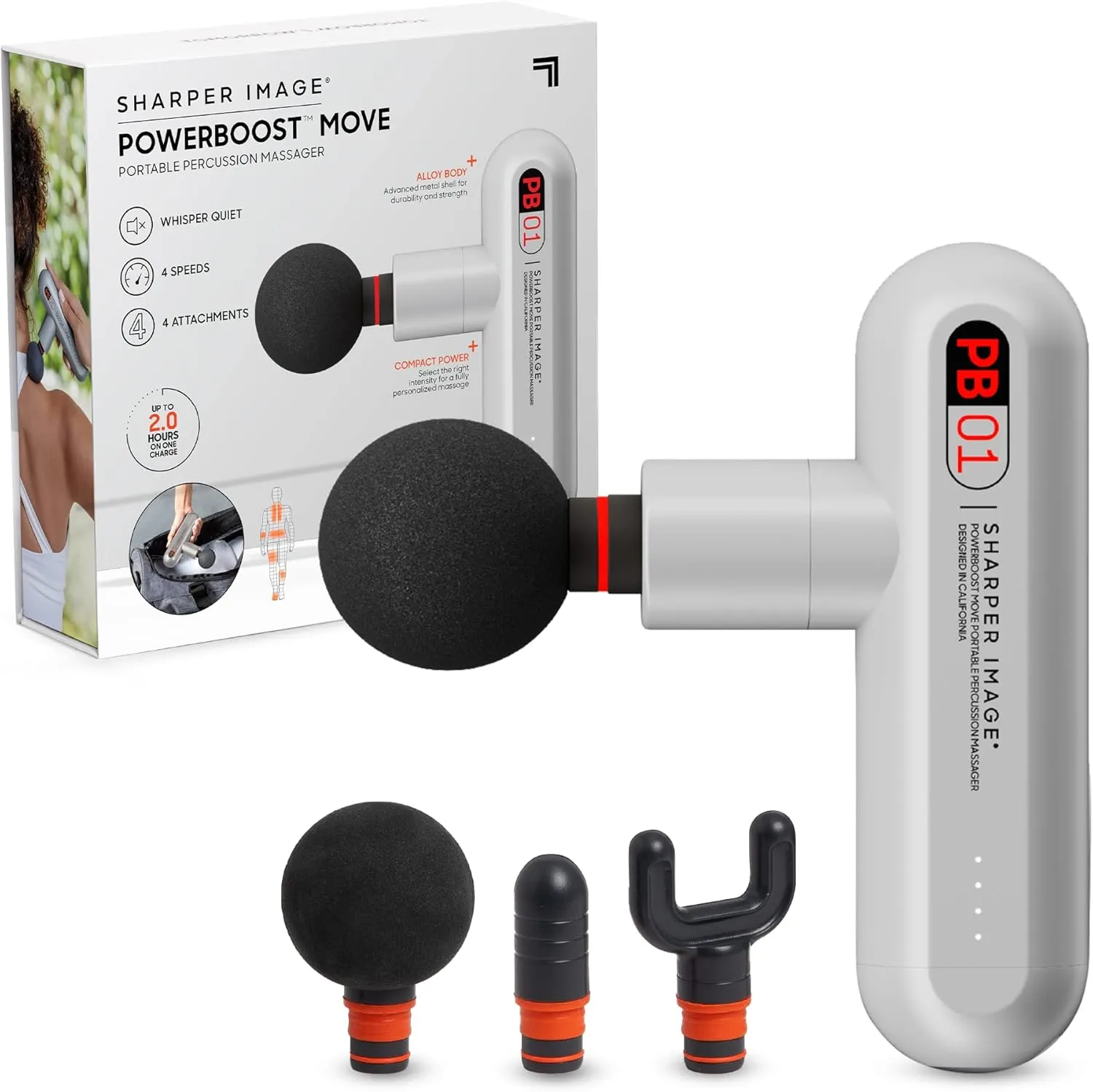 Sharper Image Powerboost Move Deep Tissue Portable Percussion Massager, Massage Gun w/ 4 Attachments, Whisper Quiet Operation, Variable Strength Full Body Recovery, Rechargeable - White, 1.0 Count