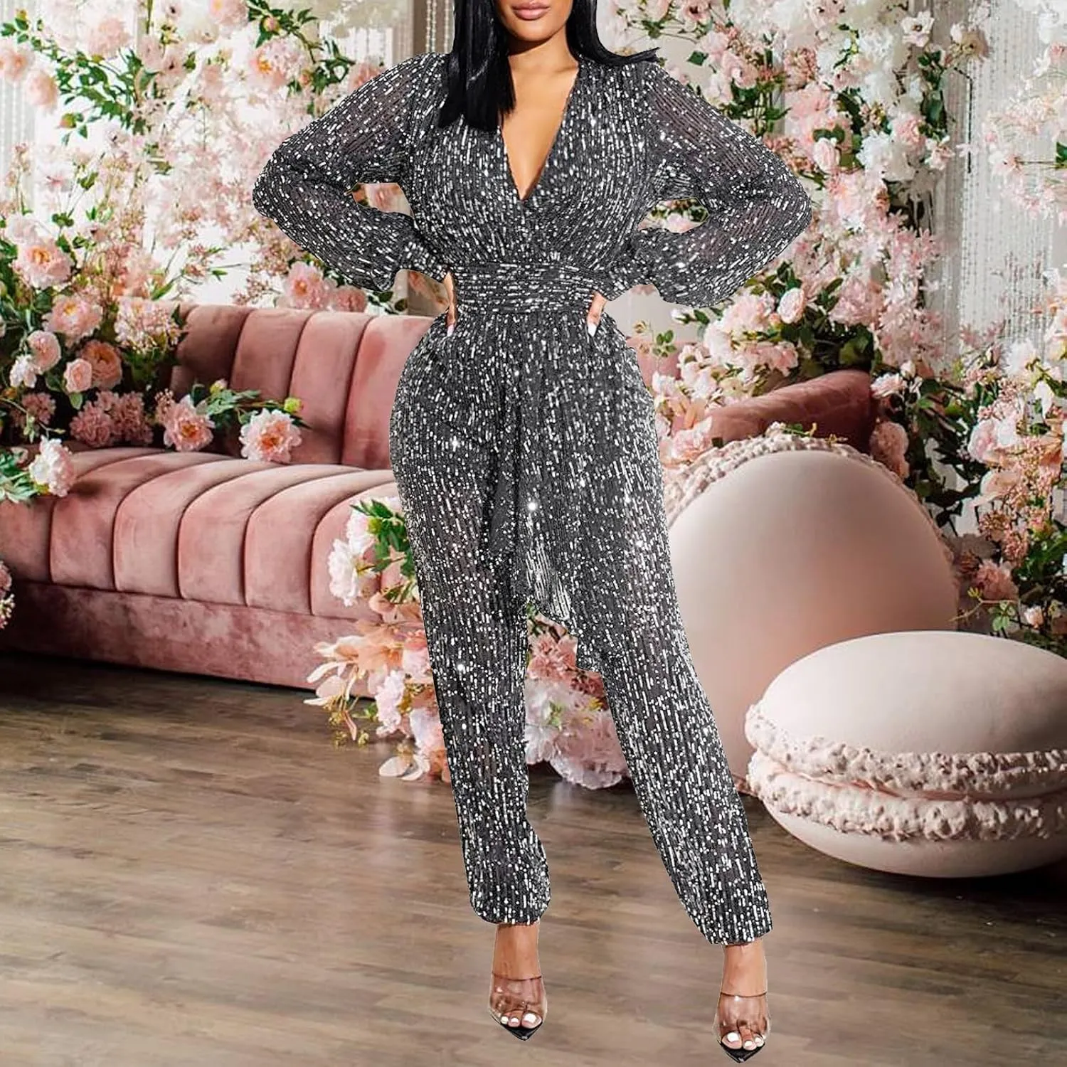 shengfan Women's Casual Long Sleeve Clubwear Party Sexy Sparkly Jumpsuits Elegant Deep V Neck Wide Leg Pants Rompers