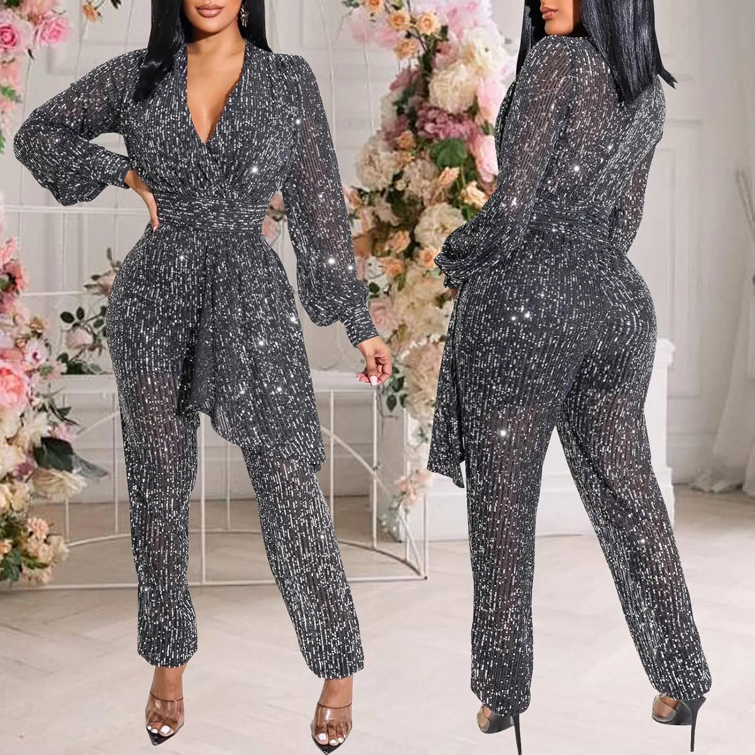 shengfan Women's Casual Long Sleeve Clubwear Party Sexy Sparkly Jumpsuits Elegant Deep V Neck Wide Leg Pants Rompers