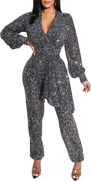 shengfan Women's Casual Long Sleeve Clubwear Party Sexy Sparkly Jumpsuits Elegant Deep V Neck Wide Leg Pants Rompers