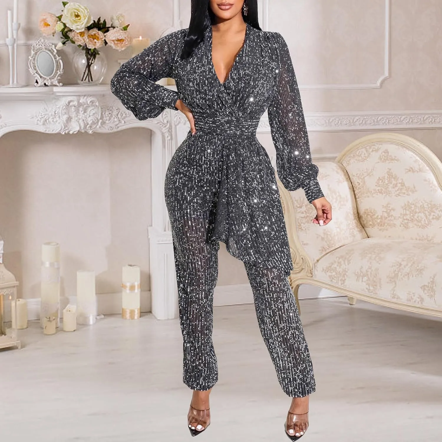 shengfan Women's Casual Long Sleeve Clubwear Party Sexy Sparkly Jumpsuits Elegant Deep V Neck Wide Leg Pants Rompers