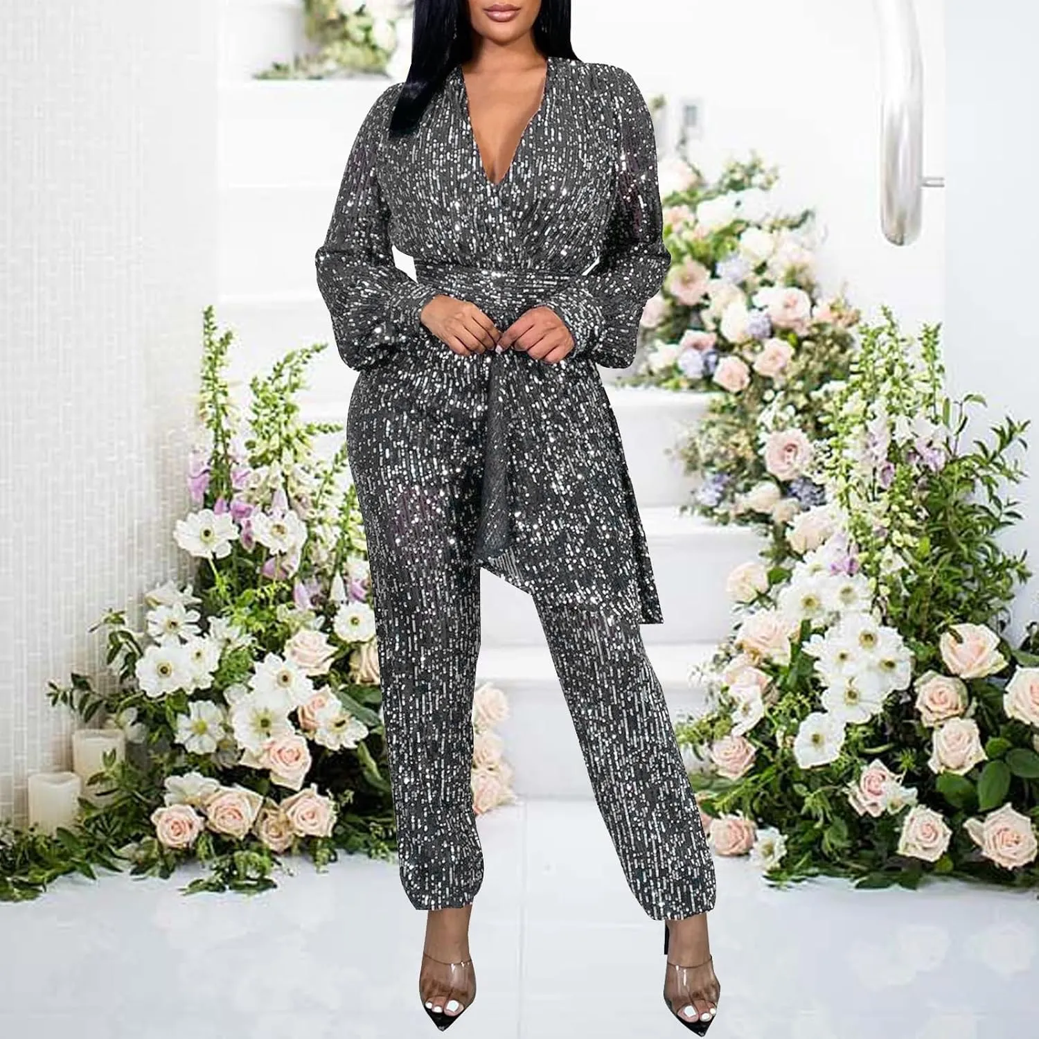 shengfan Women's Casual Long Sleeve Clubwear Party Sexy Sparkly Jumpsuits Elegant Deep V Neck Wide Leg Pants Rompers