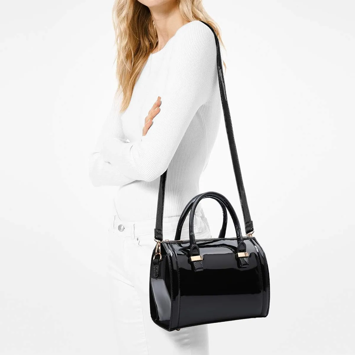Shiny Patent Faux Leather Handbags Barrel Top Handle Purse Satchel Bag Shoulder Bag for Women