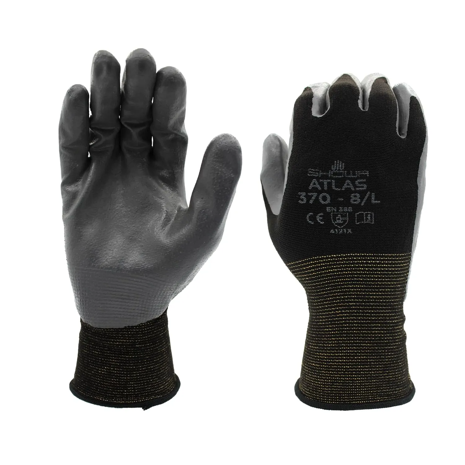 SHOWA Atlas 370 Nitrile Palm Coated General Purpose Work Glove with Nylon Liner, Black, Medium (12 Pair)