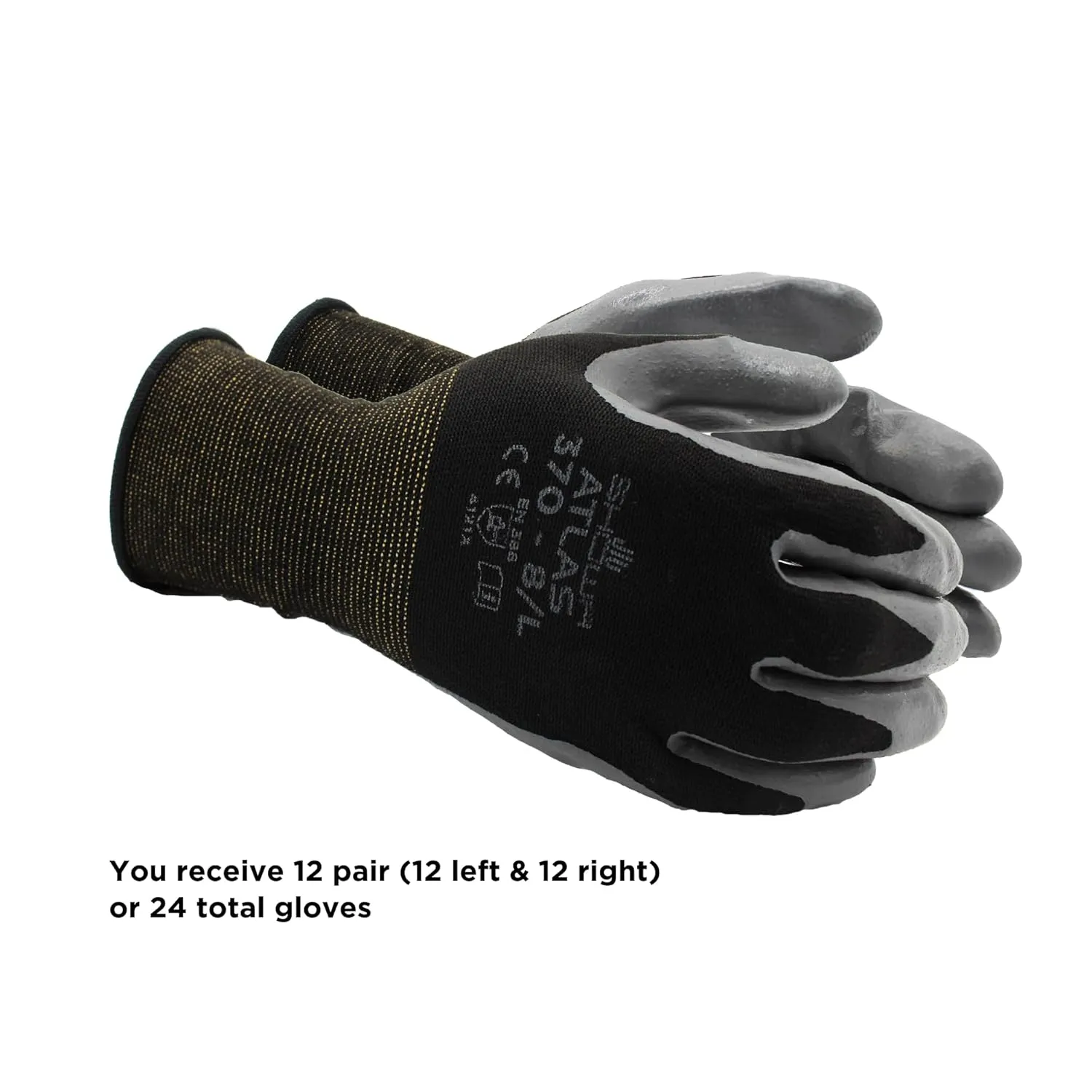 SHOWA Atlas 370 Nitrile Palm Coated General Purpose Work Glove with Nylon Liner, Black, Medium (12 Pair)