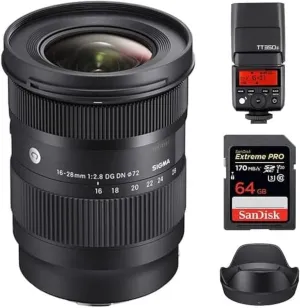 Sigma 16-28mm f/2.8 DG DN Contemporary Lens for Sony E | High Image Setting with Wide Angle of Viewing and Perfect Manual Focus Control, Godox TT350S Flash, 64GB Extreme PRO UHS-I SDXC Memory Card