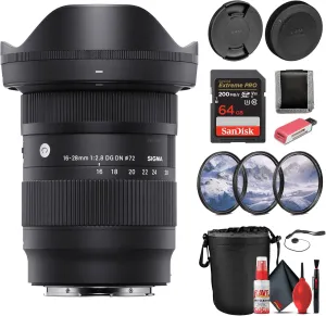 Sigma 16-28mm f/2.8 DG DN Lens Sony E Bundle Including 64 GB Memory Card, Memory Card Reader, Memory Card Wallet, Lens Pouch, Sigma Lens Cap, 3-Piece Filter Kit, Full Cleaning Kit