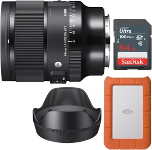Sigma 24mm F1.4 Art DG DN Lens for L Mount Bundle with External Portable Hard Drive, Lens Hood and Memory Card (4 Items)