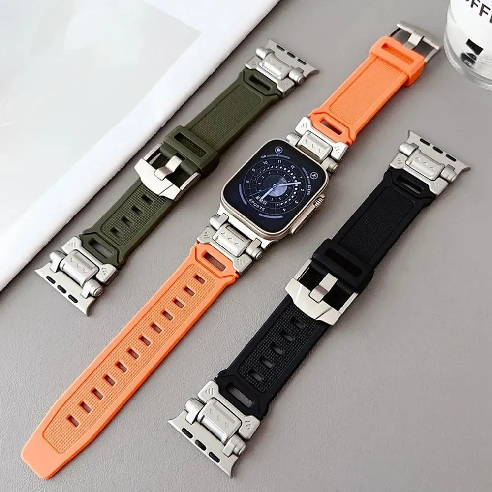 Silicone Metal Strap For Watch Ultra 2 49mm 45mm 44mm 42mm Soft Rubber Strap For Iwatch Series 9 8 7 6 5 4 se Men Bracelet