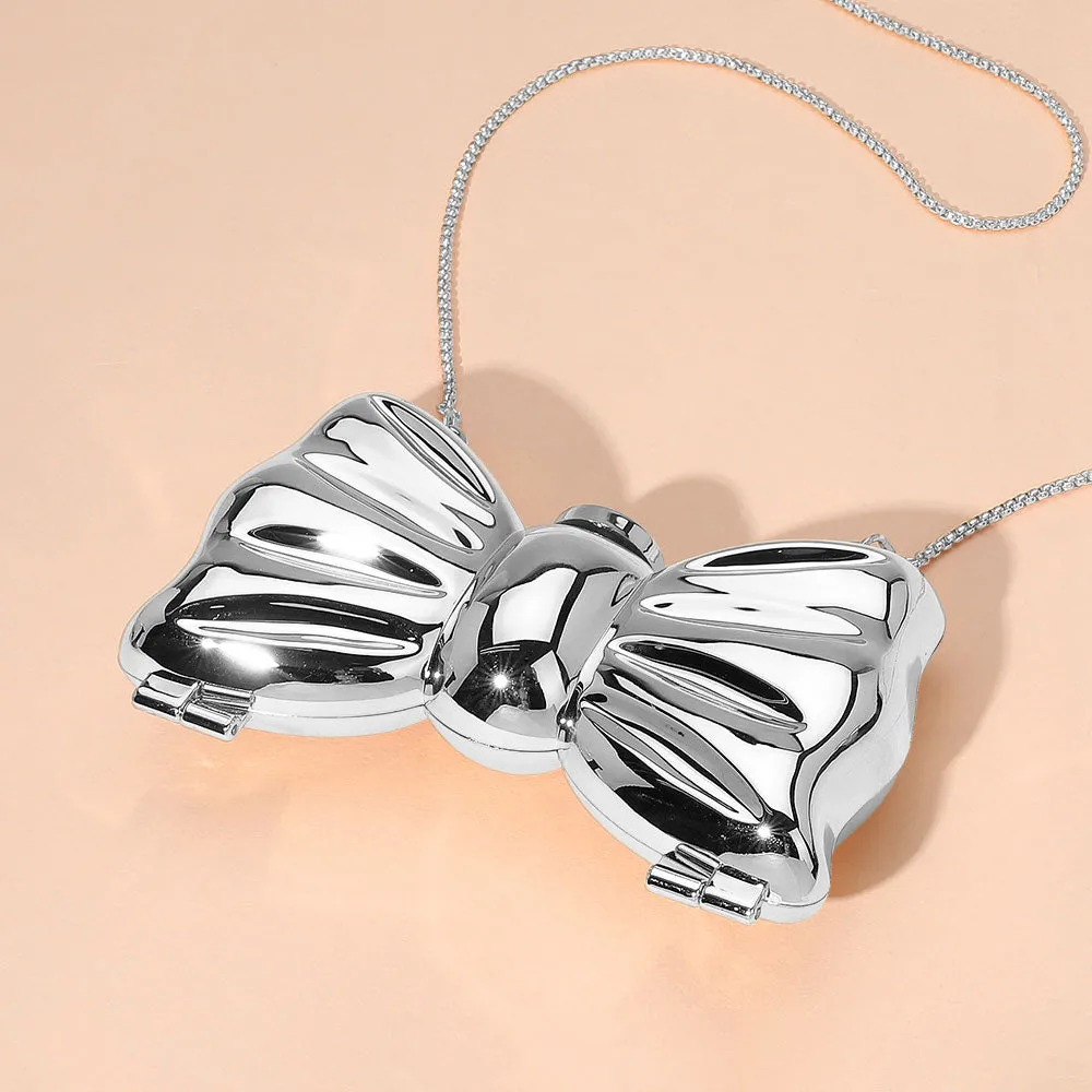 Silver Metallic Compact Bow Clutch Evening Bag / Crossbody Bag