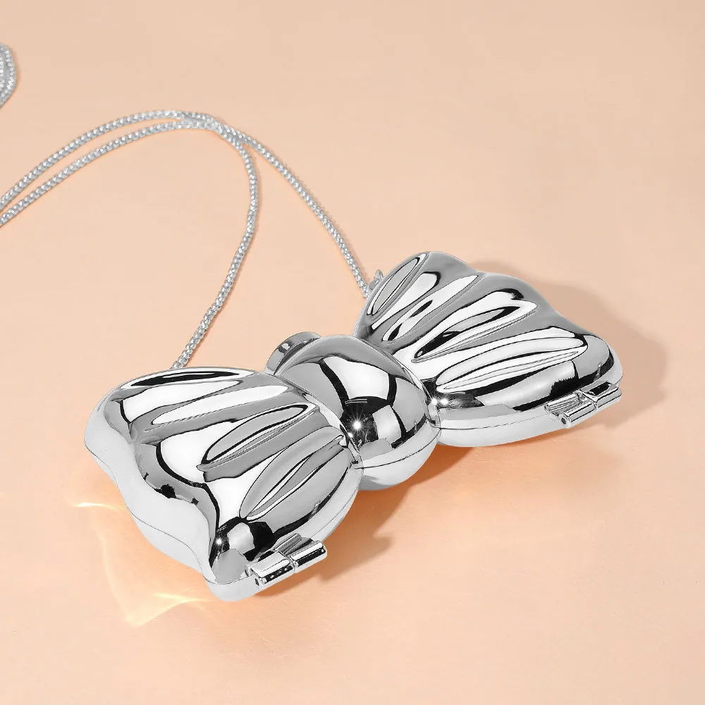 Silver Metallic Compact Bow Clutch Evening Bag / Crossbody Bag