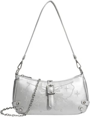 Silvery Handbag for Women with Detachable Shoulder Strap, Wear-Resistant Shoulder Bag with Compartments