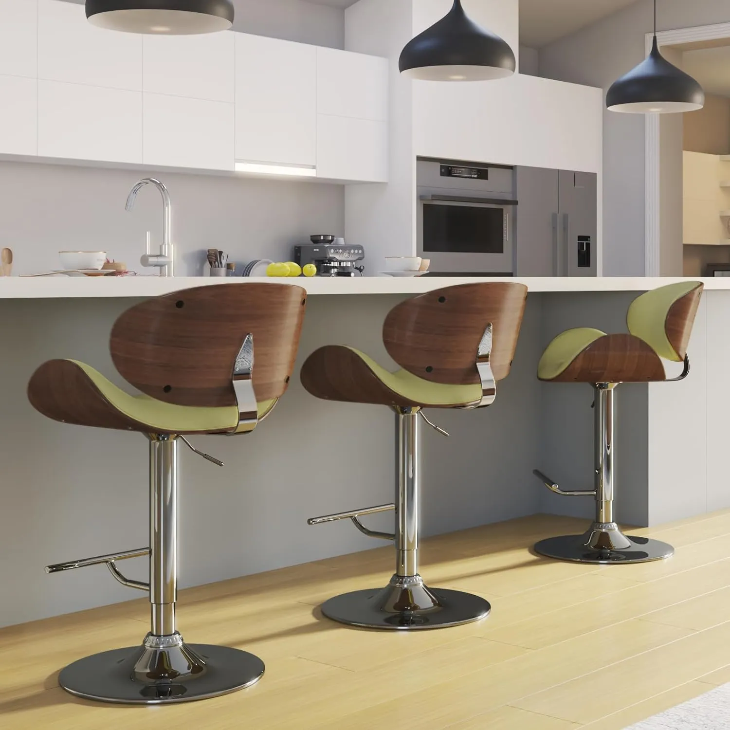 SIMPLIHOME Marana Adjustable Swivel Bar Stool - 33 inch Seat Height Upholstered Metal Bar Chair in Acid Green Polyester Linen Look Fabric, Mid Century Seating for Kitchen with Curved Bentwood Back