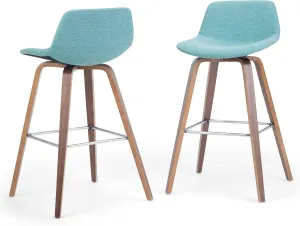 SIMPLIHOME Randolph Counter Stools (Set of 2) - 28 Inch Seat Height Upholstered Bentwood Kitchen Seats in Aqua Blue Linen Look Fabric, Mid Century Modern Seating with Curved Backrest and Footrest