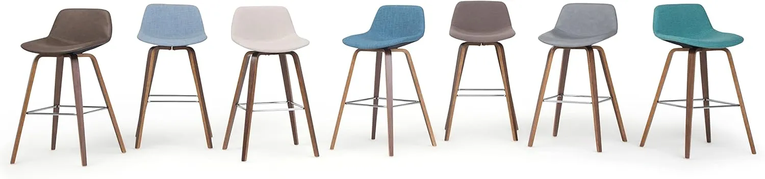 SIMPLIHOME Randolph Counter Stools (Set of 2) - 28 Inch Seat Height Upholstered Bentwood Kitchen Seats in Aqua Blue Linen Look Fabric, Mid Century Modern Seating with Curved Backrest and Footrest