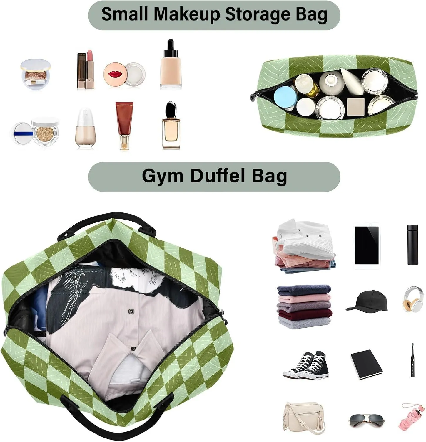 Sinestour Checkerboard Green Plaid Travel Duffel Bag for Men Women with Makeup Bag Weekend Overnight Carry On Bags for Travel Weekend Getaway