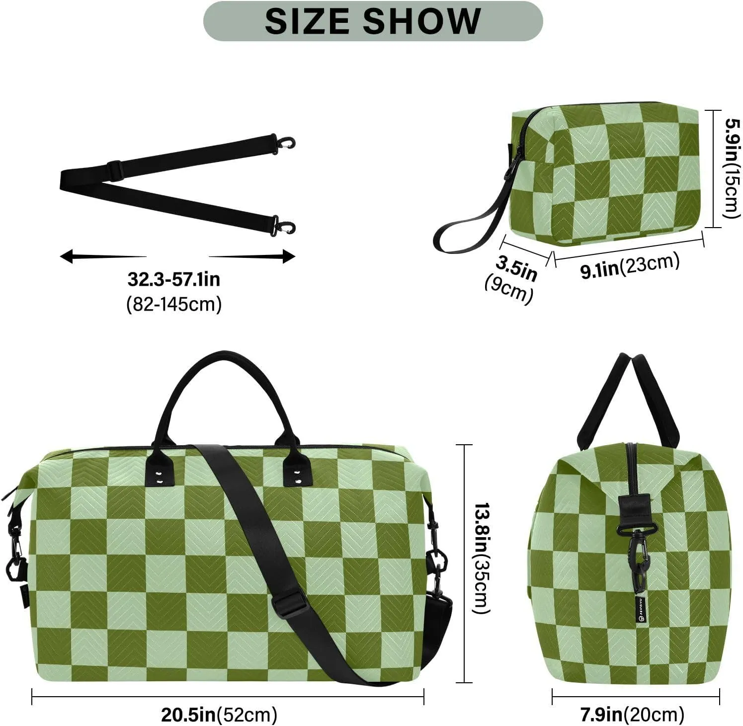Sinestour Checkerboard Green Plaid Travel Duffel Bag for Men Women with Makeup Bag Weekend Overnight Carry On Bags for Travel Weekend Getaway