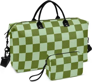 Sinestour Checkerboard Green Plaid Travel Duffel Bag for Men Women with Makeup Bag Weekend Overnight Carry On Bags for Travel Weekend Getaway