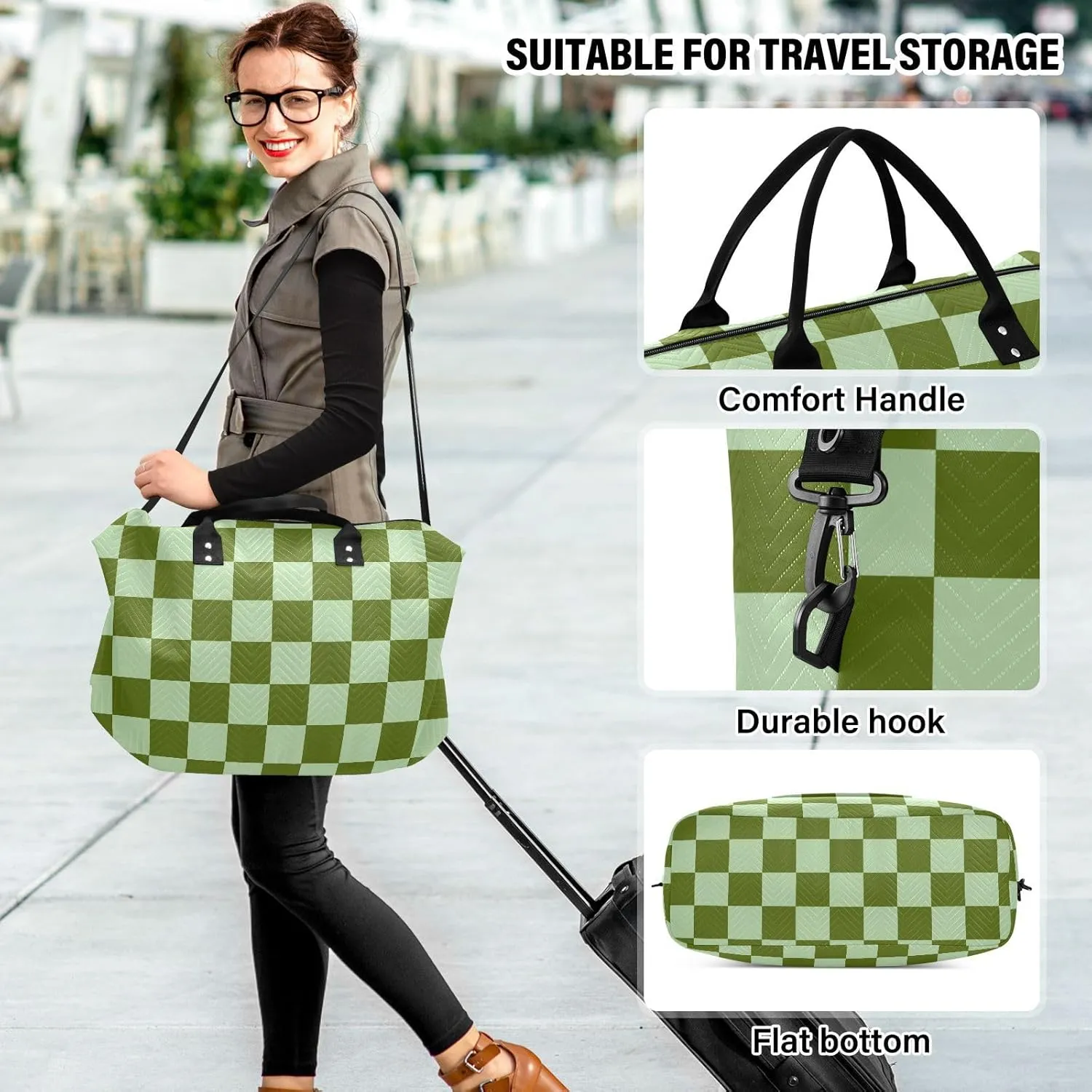 Sinestour Checkerboard Green Plaid Travel Duffel Bag for Men Women with Makeup Bag Weekend Overnight Carry On Bags for Travel Weekend Getaway