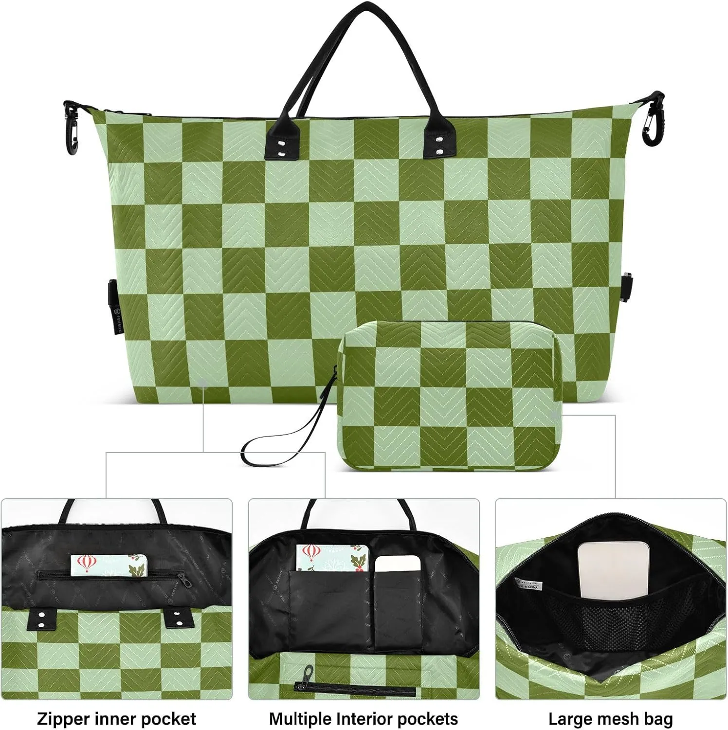 Sinestour Checkerboard Green Plaid Travel Duffel Bag for Men Women with Makeup Bag Weekend Overnight Carry On Bags for Travel Weekend Getaway