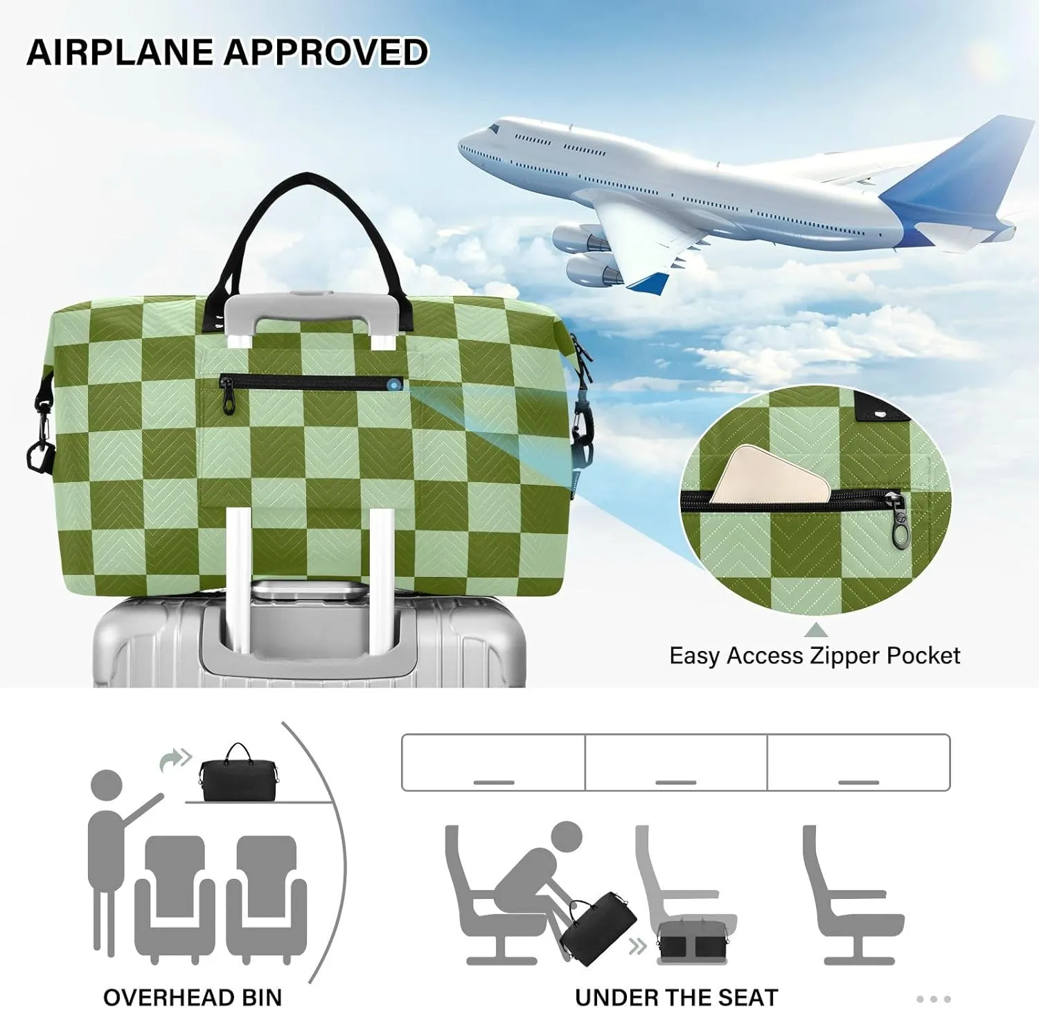 Sinestour Checkerboard Green Plaid Travel Duffel Bag for Men Women with Makeup Bag Weekend Overnight Carry On Bags for Travel Weekend Getaway