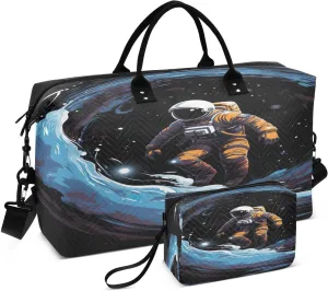 Sinestour Floating Astronaut Travel Duffel Bag for Men Women with Makeup Bag Weekend Overnight Carry On Bags for Airline Travel Gym