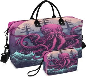 Sinestour Octopus Ships Red Travel Duffel Bag for Men Women with Makeup Bag Weekend Overnight Carry On Bags for Travel Hospital Gym