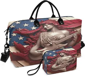 Sinestour Patriotic Relief Sculpture Travel Duffel Bag for Men Women with Makeup Bag Weekend Overnight Carry On Bags for Airline Under Seat Travel