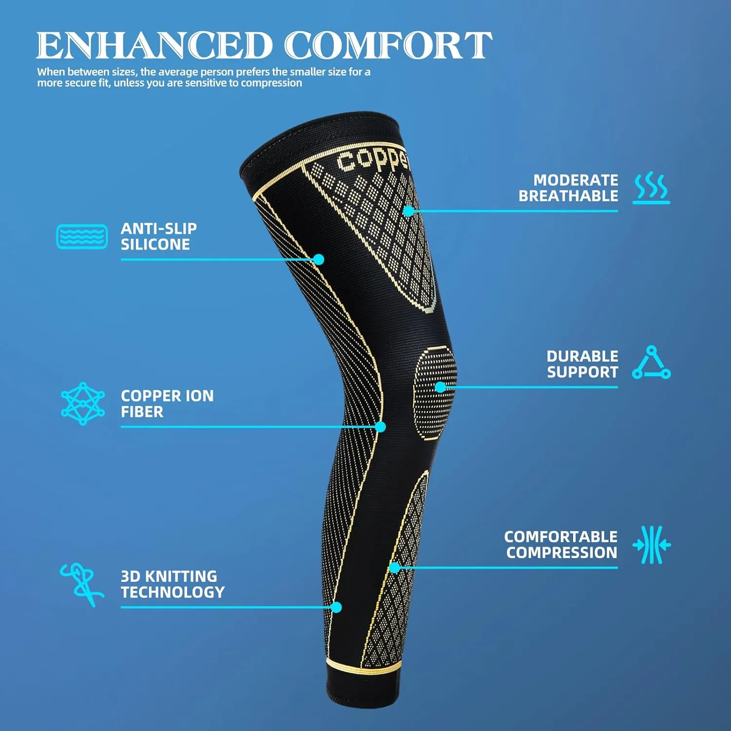SKDK Copper Full Leg Compression Sleeves - Protect Legs for Men & Women, Basketball, Cycling, Football, Arthritis Relief, Reduce Varicose Veins & Swelling