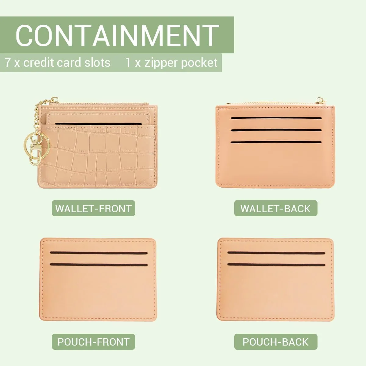 Slim Credit Card Holder with Custom Personalized Initials Name Monogram Small Front Pocket Wallet Keychain Zipper Coin Purse Crocodile Mini Leather Case, Gift for Christmas Thanks Giving, Green