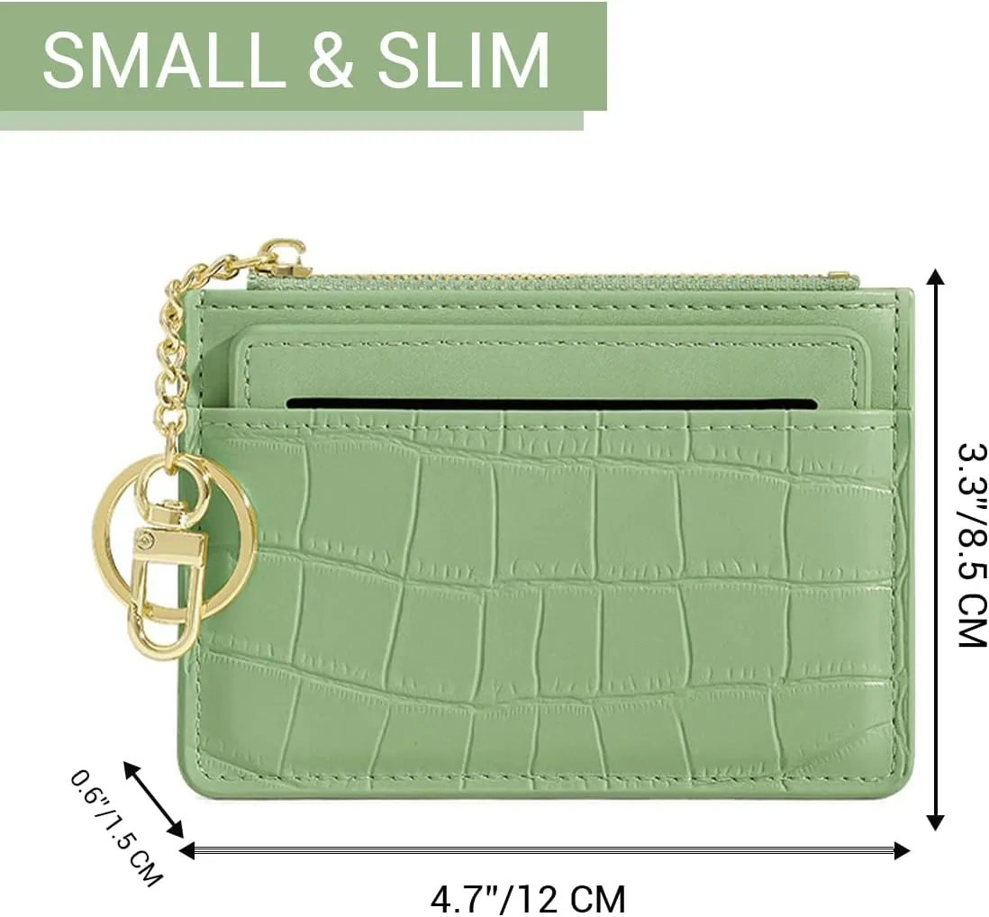 Slim Credit Card Holder with Custom Personalized Initials Name Monogram Small Front Pocket Wallet Keychain Zipper Coin Purse Crocodile Mini Leather Case, Gift for Christmas Thanks Giving, Green