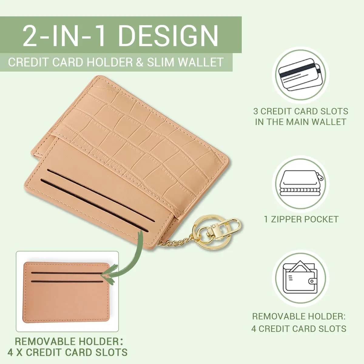 Slim Credit Card Holder with Custom Personalized Initials Name Monogram Small Front Pocket Wallet Keychain Zipper Coin Purse Crocodile Mini Leather Case, Gift for Christmas Thanks Giving, Green