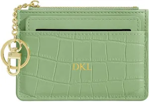 Slim Credit Card Holder with Custom Personalized Initials Name Monogram Small Front Pocket Wallet Keychain Zipper Coin Purse Crocodile Mini Leather Case, Gift for Christmas Thanks Giving, Green