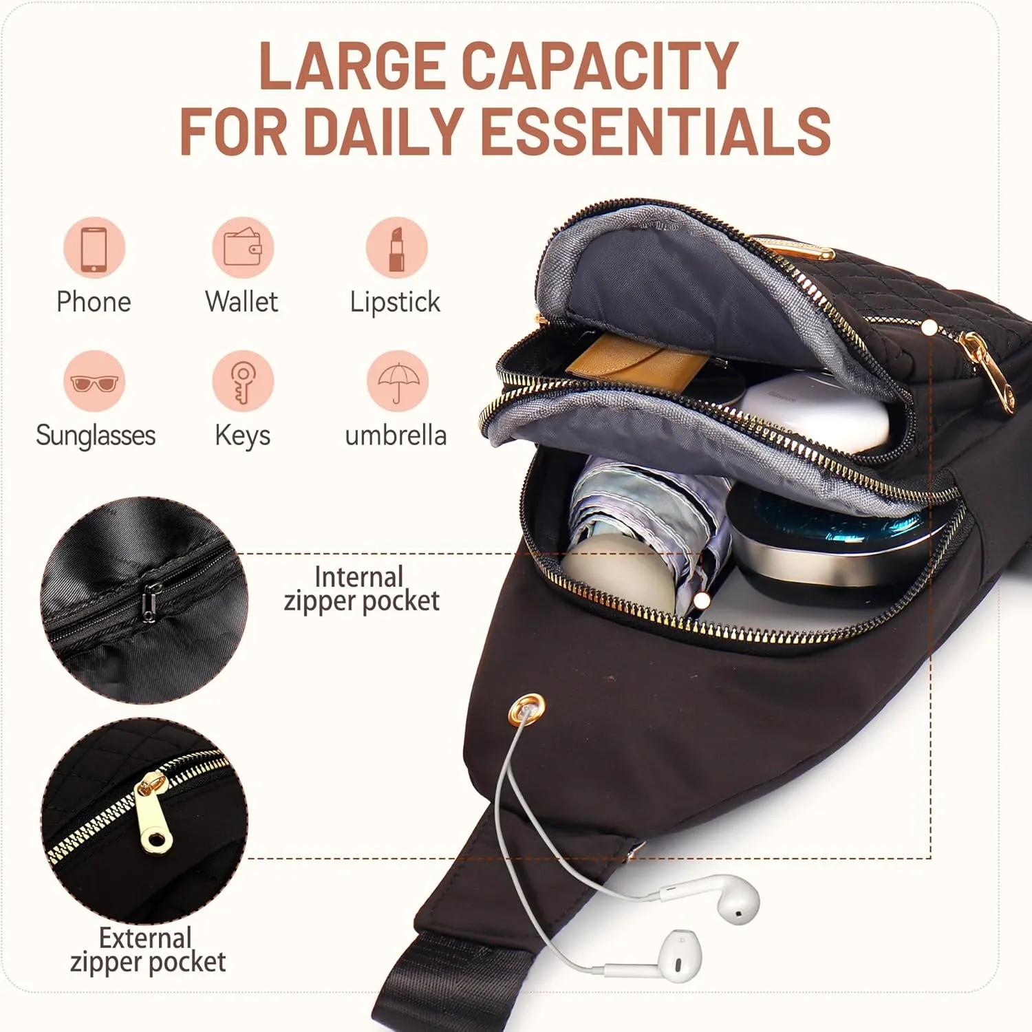 Sling Bag Crossbody Bags for Women Trendy Leather Fanny Packs Chest Bag Sling Crossbody Backpack for Travel (Black)