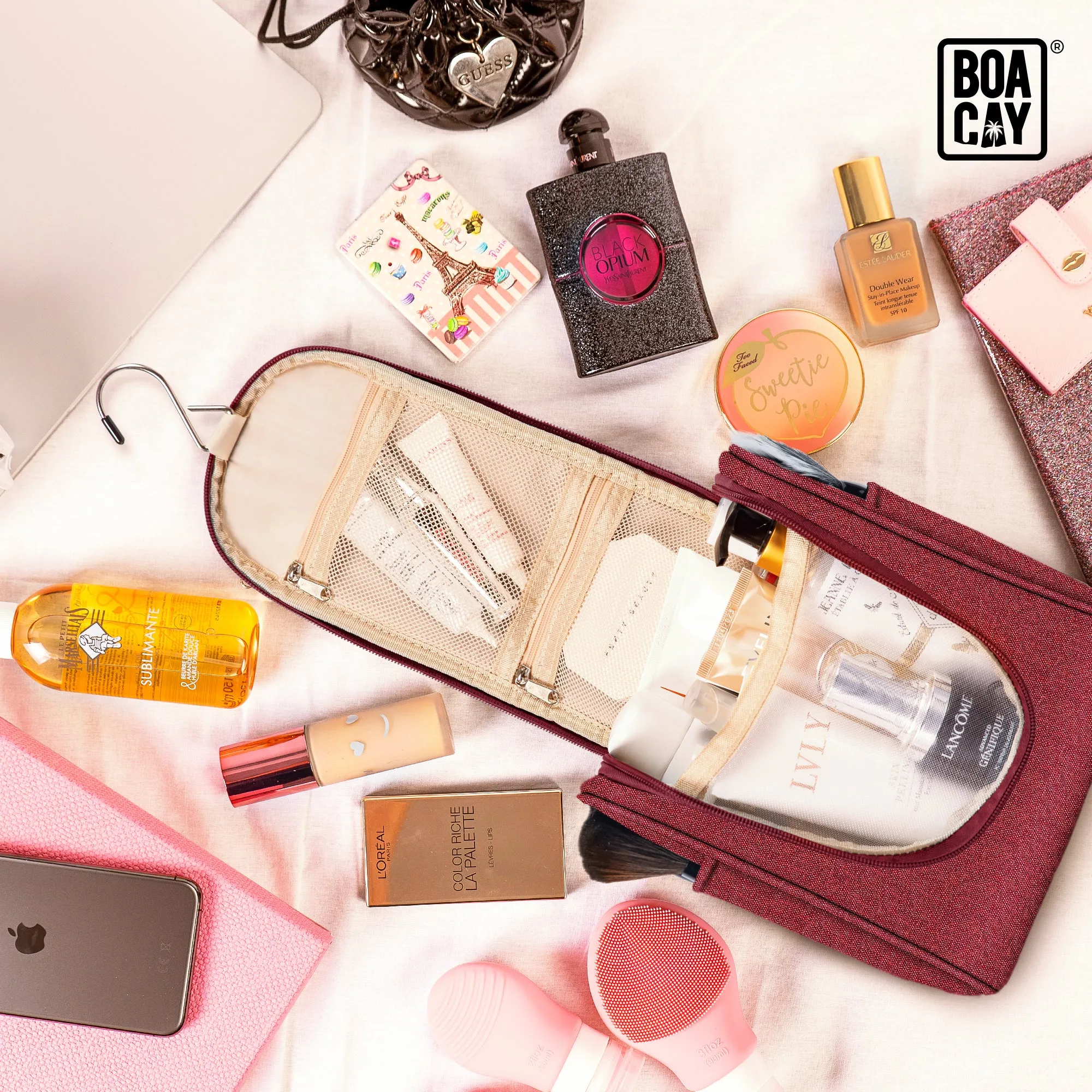 Small Collapsible Hanging Toiletry Bag - Wine Red