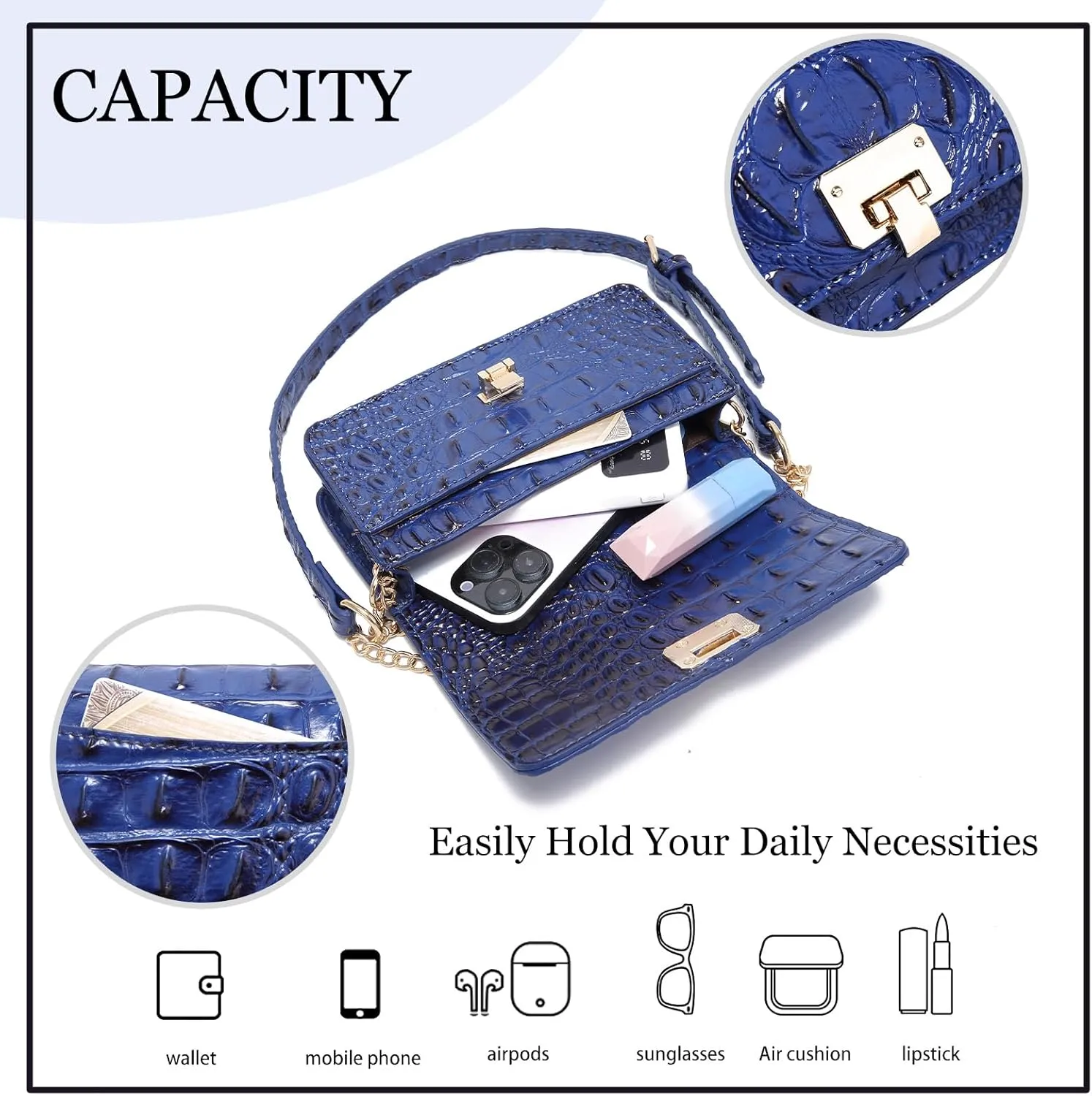 Small Crocodile Crossbody Cell Phone Purse for women Vegan Leather Clutch Wallet with Leather Shoulder Strap