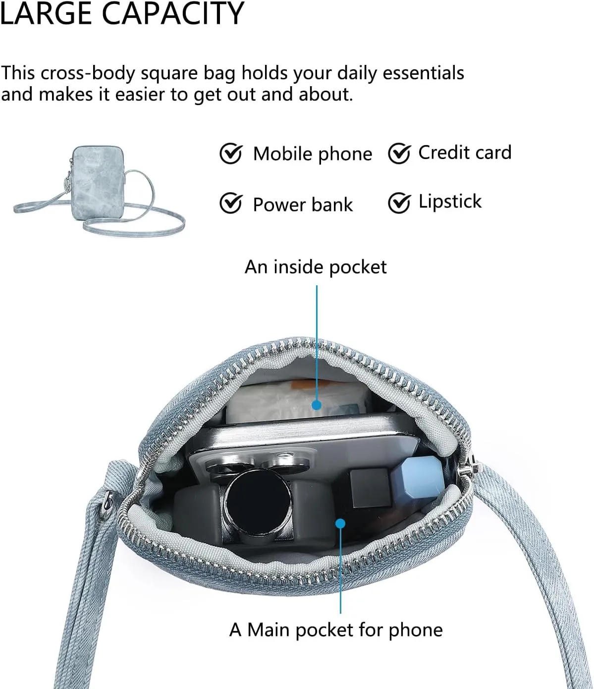 Small Crossbody Purse Zipper Cell Phone Bag Mini Shoulder Purse Wallet Smart Phone Wallet with Credit Card Solts