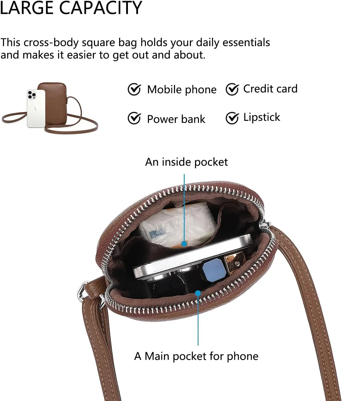 Small Crossbody Purse Zipper Cell Phone Bag Mini Shoulder Purse Wallet Smart Phone Wallet with Credit Card Solts