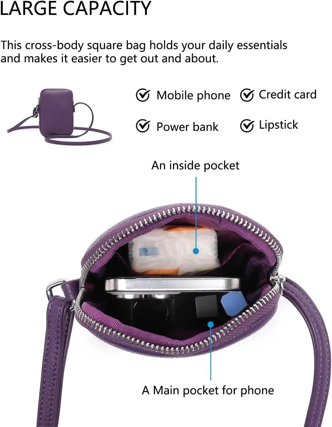 Small Crossbody Purse Zipper Cell Phone Bag Mini Shoulder Purse Wallet Smart Phone Wallet with Credit Card Solts